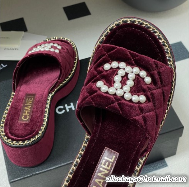 Purchase Chanel Velvet Platform Wedge Slides Sandal with Pearls and Chain Burgundy 2025 CH071501