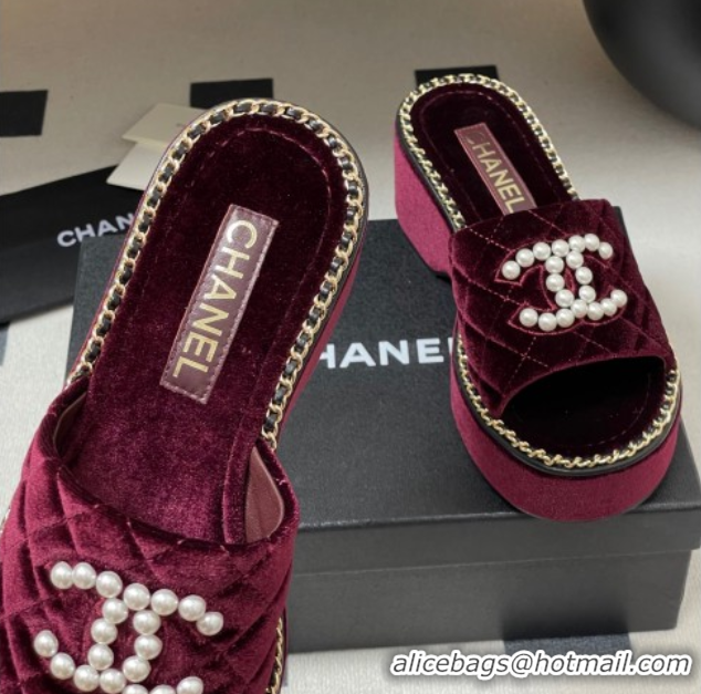 Purchase Chanel Velvet Platform Wedge Slides Sandal with Pearls and Chain Burgundy 2025 CH071501
