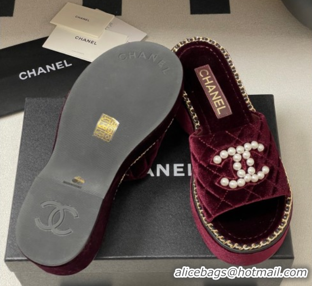 Purchase Chanel Velvet Platform Wedge Slides Sandal with Pearls and Chain Burgundy 2025 CH071501
