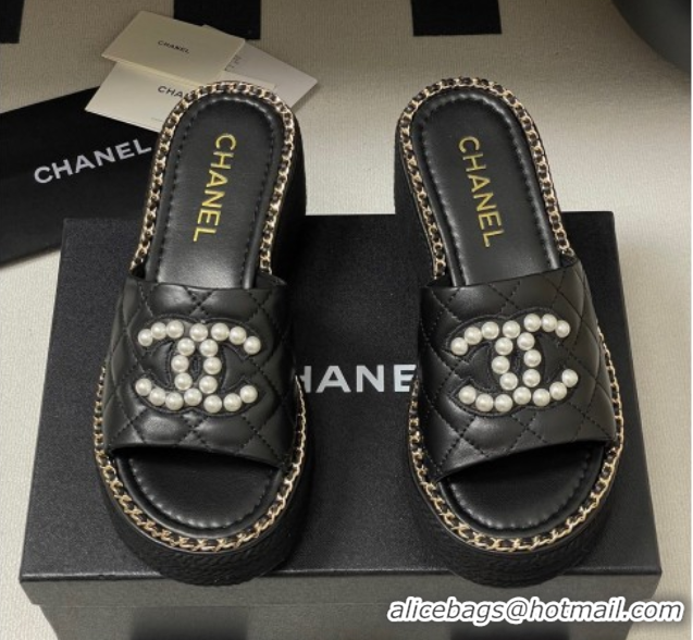Popular Style Chanel Lambskin Platform Wedge Slides Sandal with Pearls and Chain Black 2025 CH071501