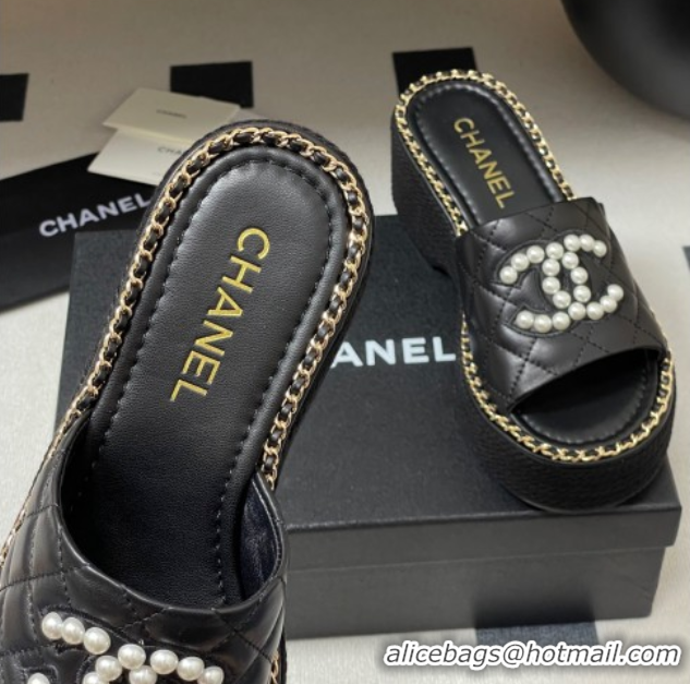 Popular Style Chanel Lambskin Platform Wedge Slides Sandal with Pearls and Chain Black 2025 CH071501