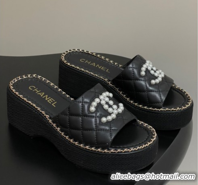 Popular Style Chanel Lambskin Platform Wedge Slides Sandal with Pearls and Chain Black 2025 CH071501