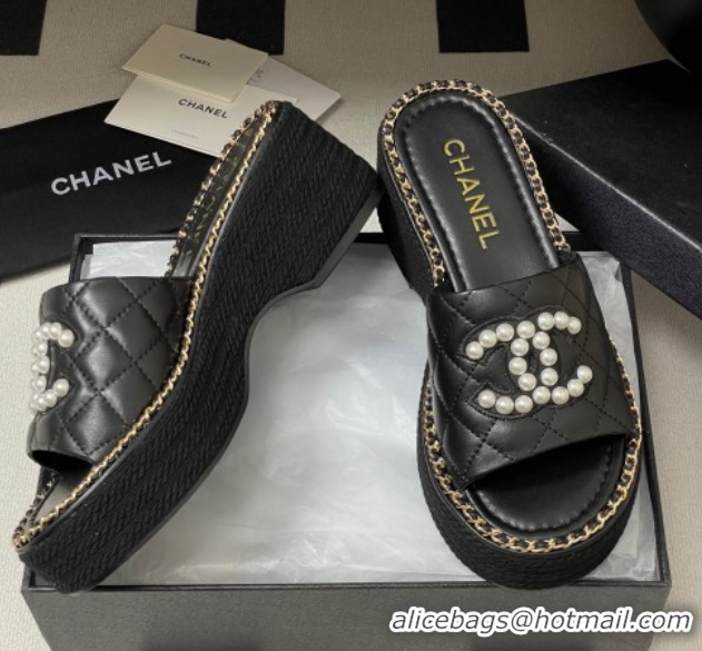 Popular Style Chanel Lambskin Platform Wedge Slides Sandal with Pearls and Chain Black 2025 CH071501