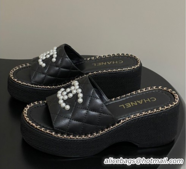 Popular Style Chanel Lambskin Platform Wedge Slides Sandal with Pearls and Chain Black 2025 CH071501
