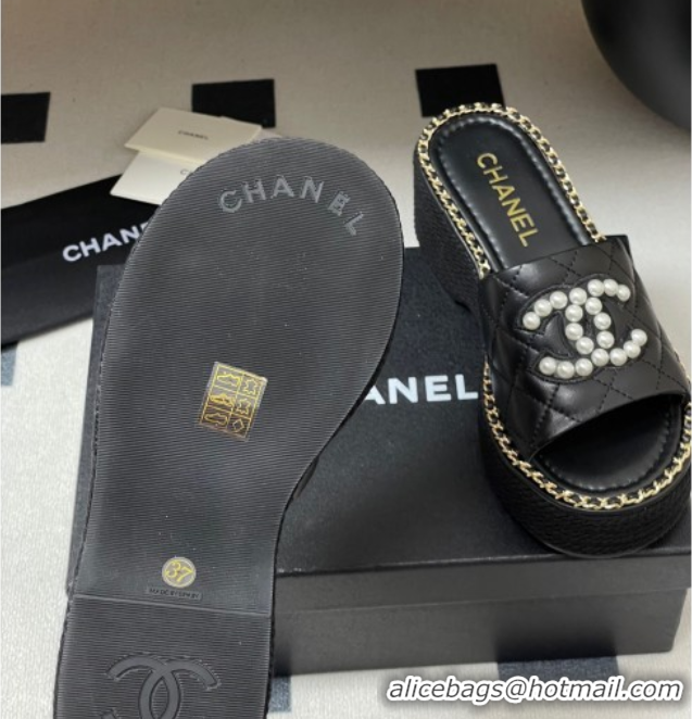 Popular Style Chanel Lambskin Platform Wedge Slides Sandal with Pearls and Chain Black 2025 CH071501