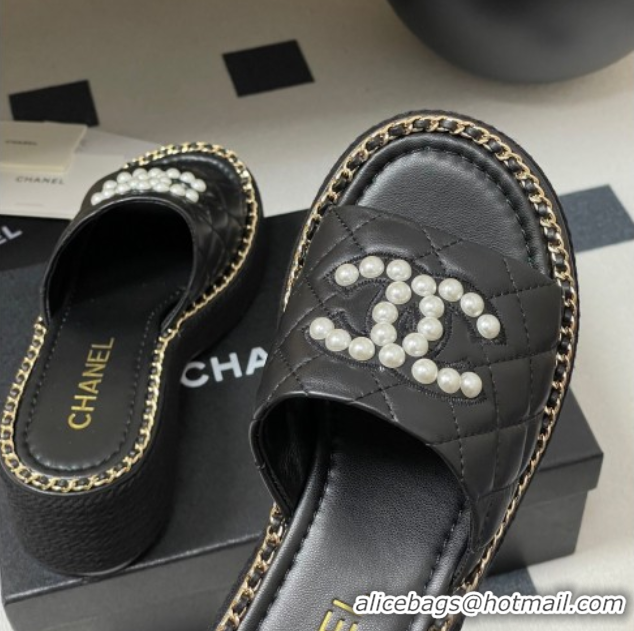 Popular Style Chanel Lambskin Platform Wedge Slides Sandal with Pearls and Chain Black 2025 CH071501