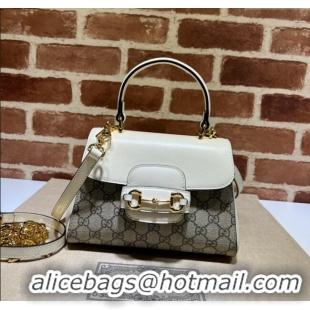 New Cheap Gucci Horsebit 1955 Leather and GG Canvas Small Top Handle Bag 703848 Beige/White 2025