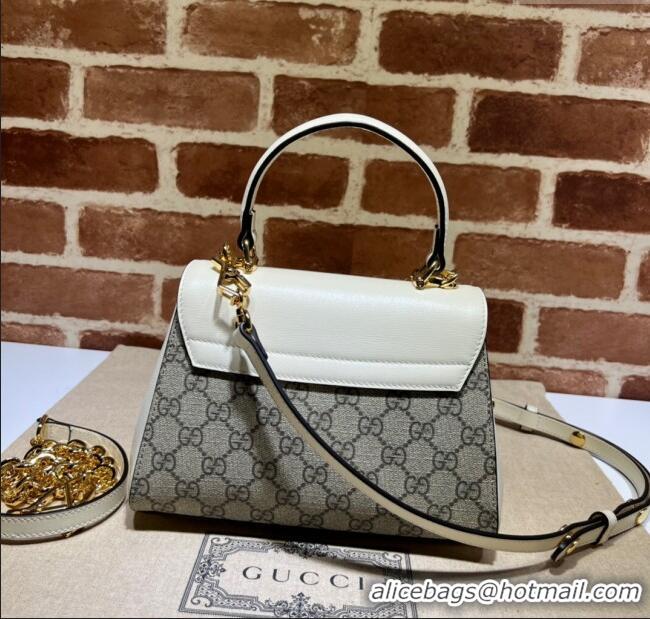 New Cheap Gucci Horsebit 1955 Leather and GG Canvas Small Top Handle Bag 703848 Beige/White 2025