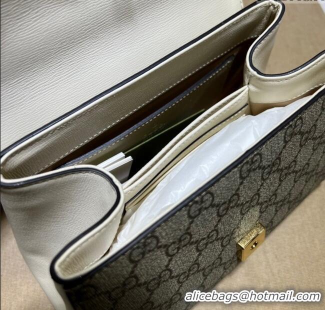 New Cheap Gucci Horsebit 1955 Leather and GG Canvas Small Top Handle Bag 703848 Beige/White 2025