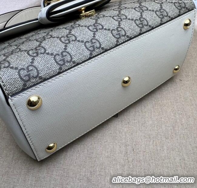 New Cheap Gucci Horsebit 1955 Leather and GG Canvas Small Top Handle Bag 703848 Beige/White 2025