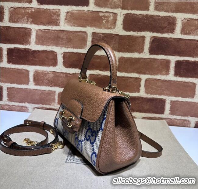 Top Design Gucci Horsebit 1955 Leather and Maxi GG Canvas Small Top Handle Bag 703848 Brown/Blue 2025