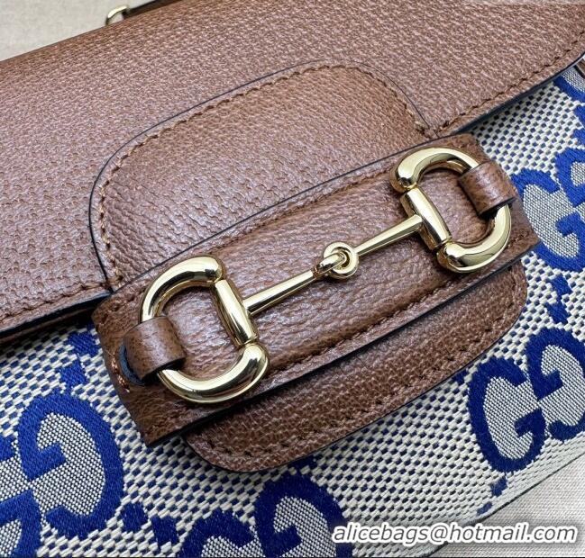 Top Design Gucci Horsebit 1955 Leather and Maxi GG Canvas Small Top Handle Bag 703848 Brown/Blue 2025