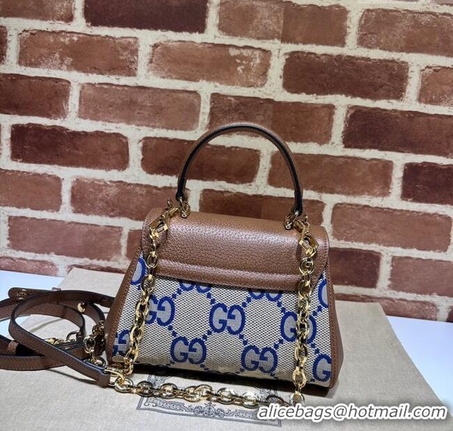 Top Design Gucci Horsebit 1955 Leather and Maxi GG Canvas Small Top Handle Bag 703848 Brown/Blue 2025