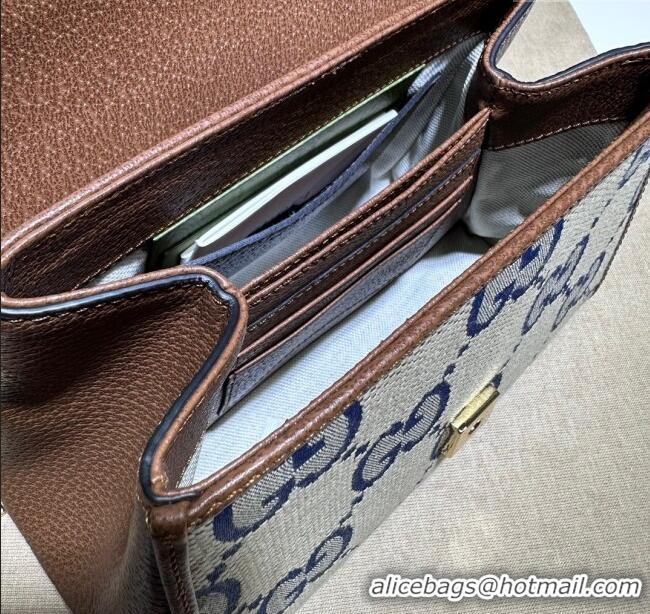 Top Design Gucci Horsebit 1955 Leather and Maxi GG Canvas Small Top Handle Bag 703848 Brown/Blue 2025