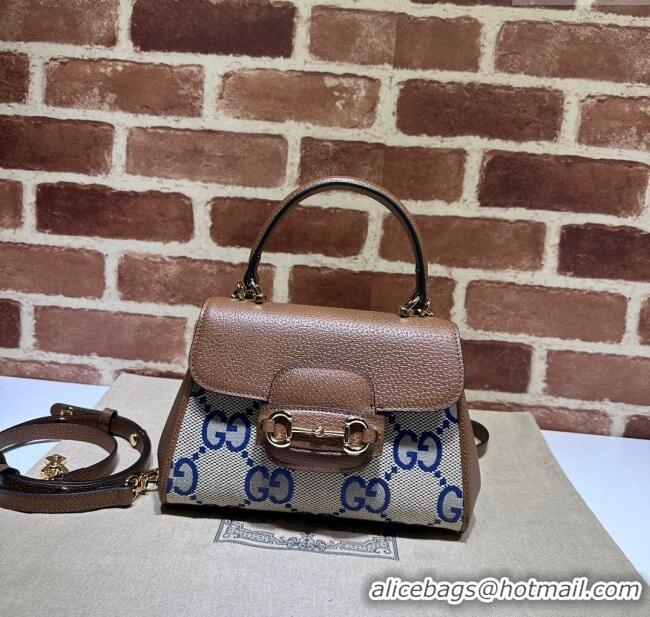 Top Design Gucci Horsebit 1955 Leather and Maxi GG Canvas Small Top Handle Bag 703848 Brown/Blue 2025
