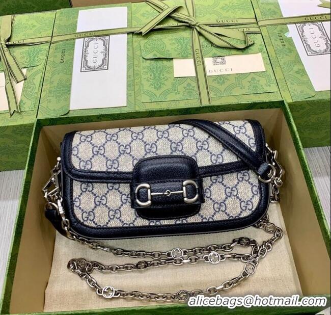 Spot Bulk Gucci Horsebit 1955 small shoulder bag in GG Canvas and Leather 735178 Beige/Blue 2025