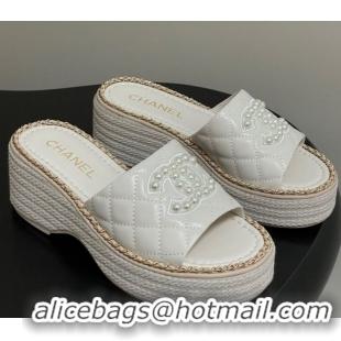 Buy New Cheap Chanel Lambskin Platform Wedge Slides Sandal with Pearls and Chain White 2025 CH071501