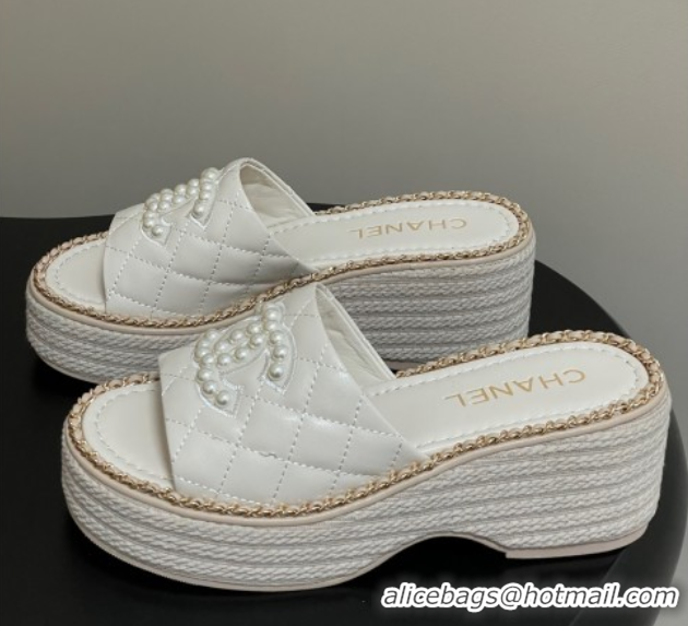 Buy New Cheap Chanel Lambskin Platform Wedge Slides Sandal with Pearls and Chain White 2025 CH071501