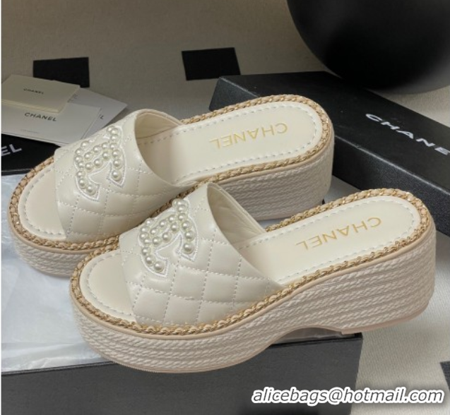 Buy New Cheap Chanel Lambskin Platform Wedge Slides Sandal with Pearls and Chain White 2025 CH071501