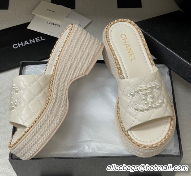 Buy New Cheap Chanel Lambskin Platform Wedge Slides Sandal with Pearls and Chain White 2025 CH071501