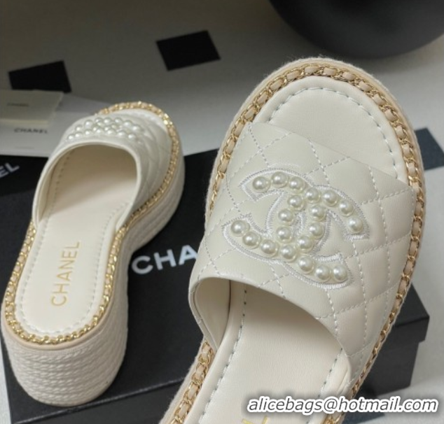 Buy New Cheap Chanel Lambskin Platform Wedge Slides Sandal with Pearls and Chain White 2025 CH071501