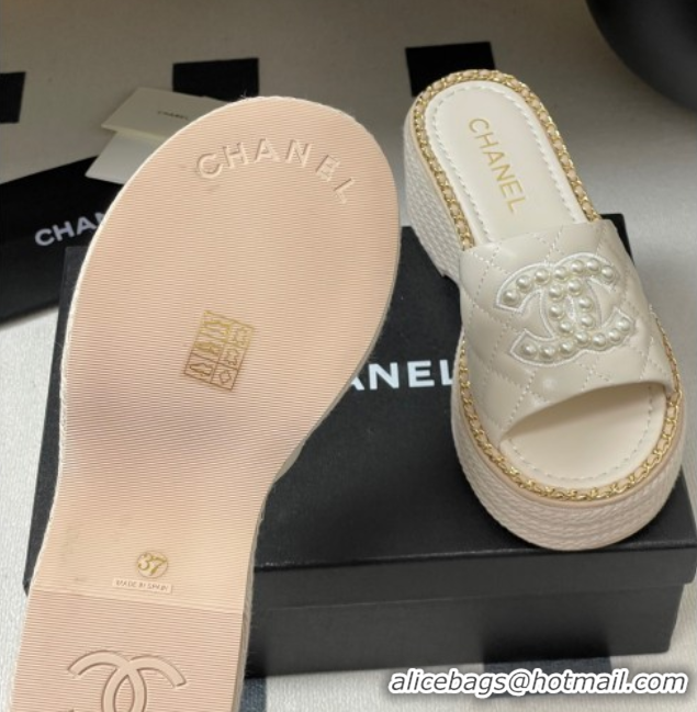 Buy New Cheap Chanel Lambskin Platform Wedge Slides Sandal with Pearls and Chain White 2025 CH071501