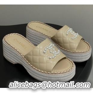 Shop Cheap Chanel Lambskin Platform Wedge Slides Sandal with Pearls and Chain Beige 2025 CH071501