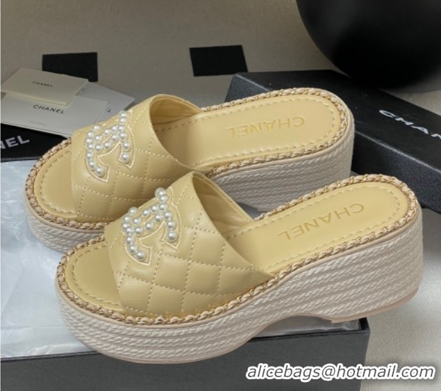Shop Cheap Chanel Lambskin Platform Wedge Slides Sandal with Pearls and Chain Beige 2025 CH071501