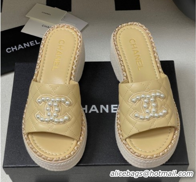 Shop Cheap Chanel Lambskin Platform Wedge Slides Sandal with Pearls and Chain Beige 2025 CH071501