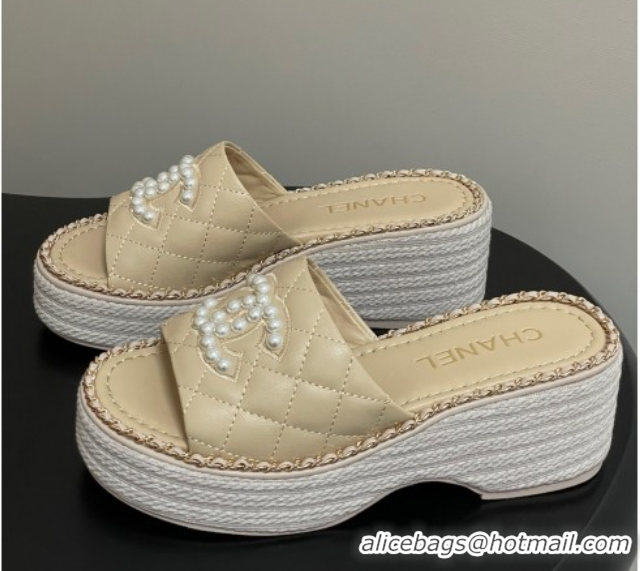 Shop Cheap Chanel Lambskin Platform Wedge Slides Sandal with Pearls and Chain Beige 2025 CH071501