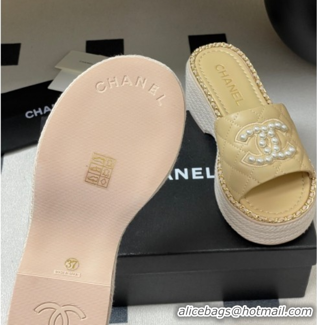 Shop Cheap Chanel Lambskin Platform Wedge Slides Sandal with Pearls and Chain Beige 2025 CH071501