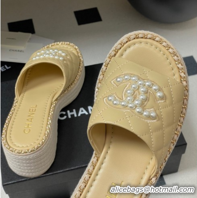 Shop Cheap Chanel Lambskin Platform Wedge Slides Sandal with Pearls and Chain Beige 2025 CH071501