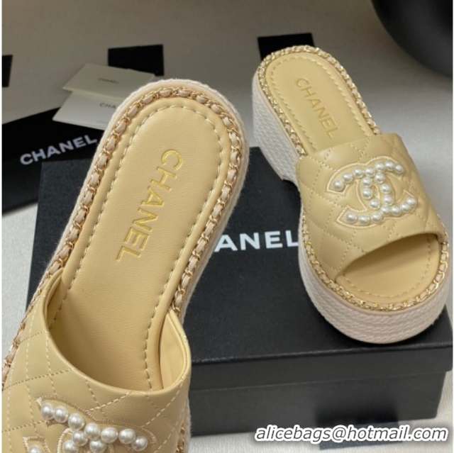 Shop Cheap Chanel Lambskin Platform Wedge Slides Sandal with Pearls and Chain Beige 2025 CH071501