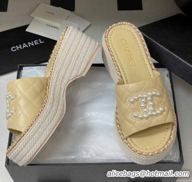 Shop Cheap Chanel Lambskin Platform Wedge Slides Sandal with Pearls and Chain Beige 2025 CH071501
