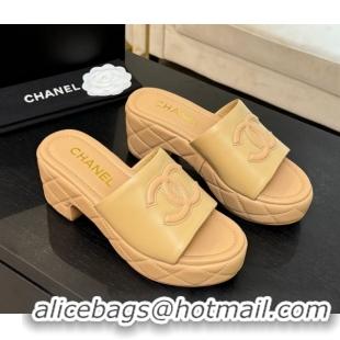 Best Price Chanel Quilted Lambskin Platform Wedge Slides Sandal Beige Yellow 2025 CH071502