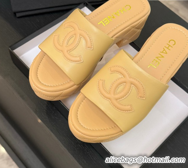 Best Price Chanel Quilted Lambskin Platform Wedge Slides Sandal Beige Yellow 2025 CH071502