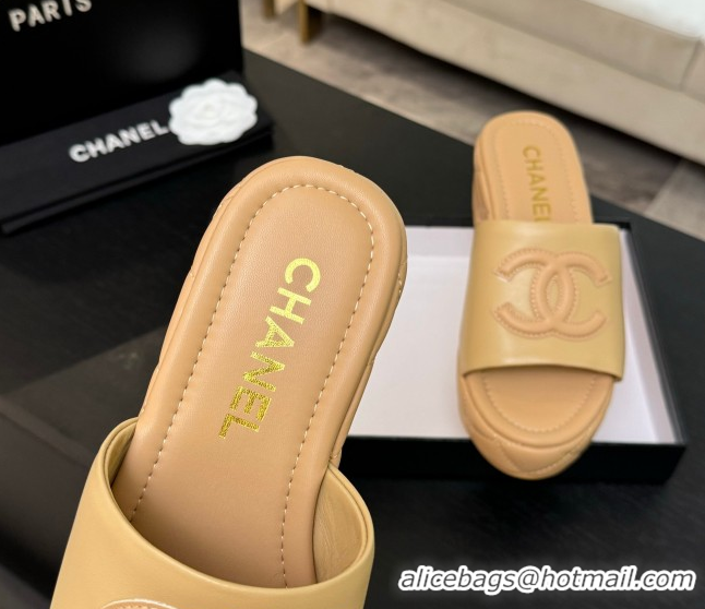Best Price Chanel Quilted Lambskin Platform Wedge Slides Sandal Beige Yellow 2025 CH071502