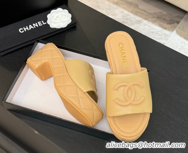 Best Price Chanel Quilted Lambskin Platform Wedge Slides Sandal Beige Yellow 2025 CH071502