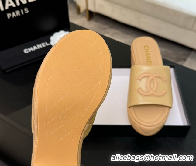 Best Price Chanel Quilted Lambskin Platform Wedge Slides Sandal Beige Yellow 2025 CH071502