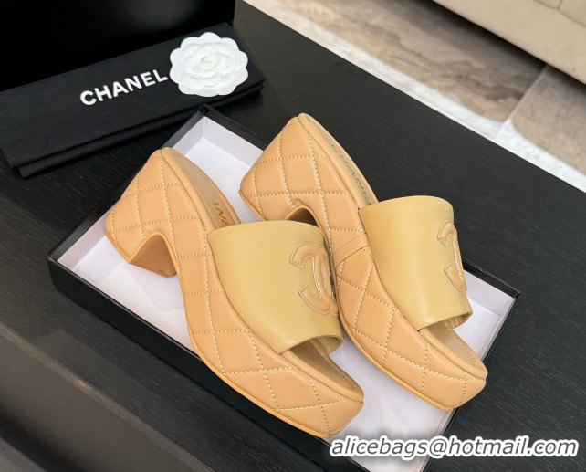 Best Price Chanel Quilted Lambskin Platform Wedge Slides Sandal Beige Yellow 2025 CH071502