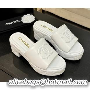 Best Grade Chanel Quilted Lambskin Platform Wedge Slides Sandal White 2025 CH071502