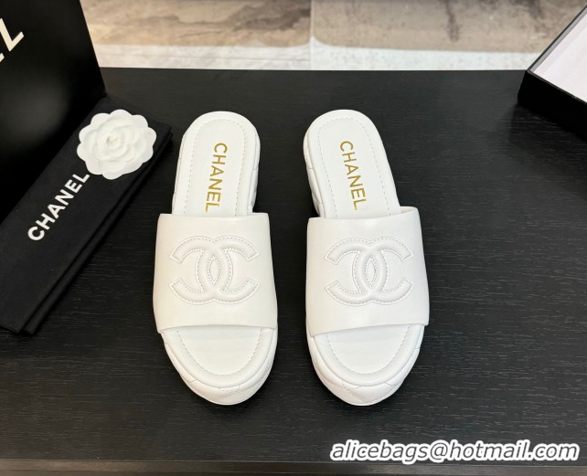 Best Grade Chanel Quilted Lambskin Platform Wedge Slides Sandal White 2025 CH071502