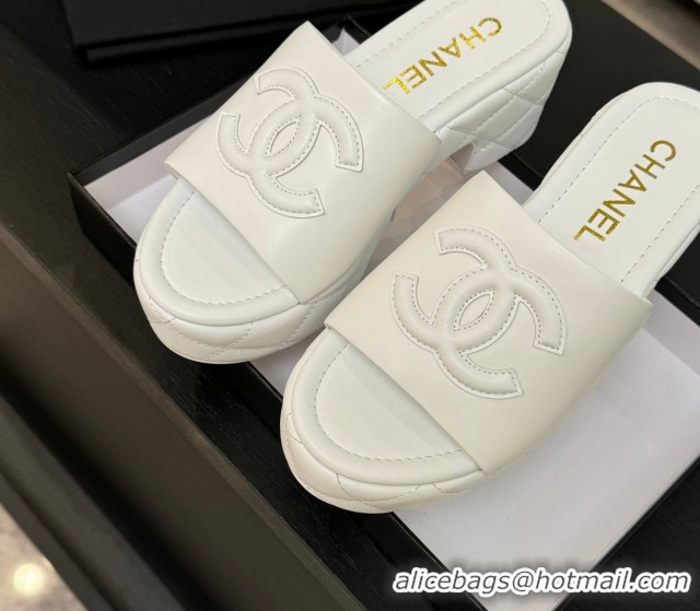 Best Grade Chanel Quilted Lambskin Platform Wedge Slides Sandal White 2025 CH071502