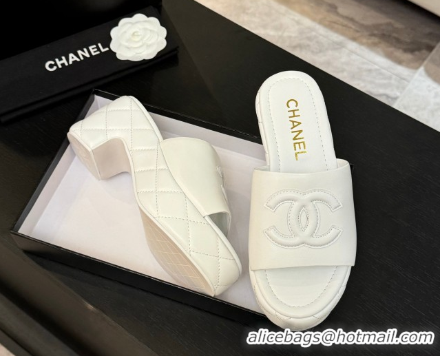 Best Grade Chanel Quilted Lambskin Platform Wedge Slides Sandal White 2025 CH071502