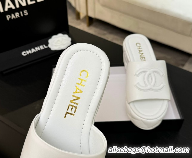 Best Grade Chanel Quilted Lambskin Platform Wedge Slides Sandal White 2025 CH071502