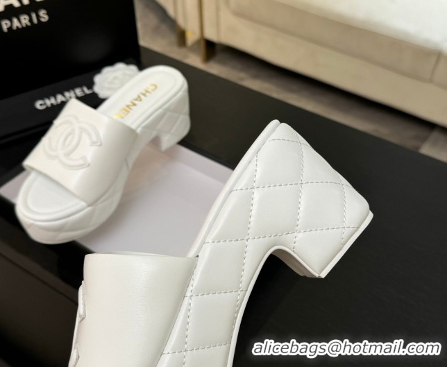 Best Grade Chanel Quilted Lambskin Platform Wedge Slides Sandal White 2025 CH071502