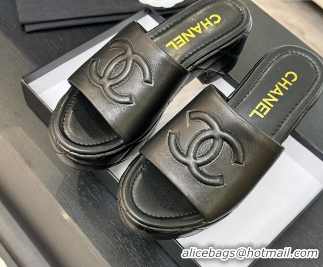 Buy Luxury Chanel Quilted Lambskin Platform Wedge Slides Sandal Black 2025 CH071502