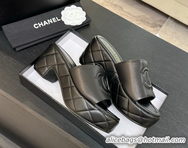Buy Luxury Chanel Quilted Lambskin Platform Wedge Slides Sandal Black 2025 CH071502