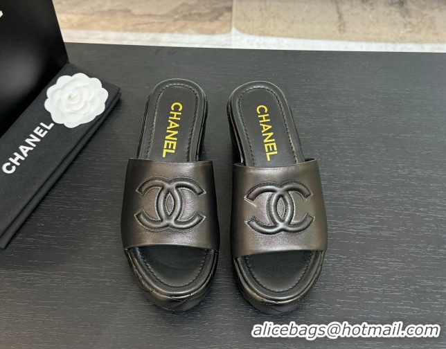 Buy Luxury Chanel Quilted Lambskin Platform Wedge Slides Sandal Black 2025 CH071502