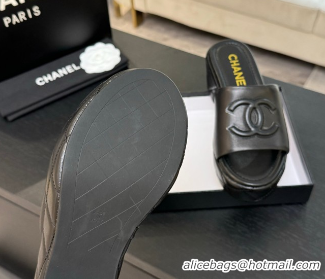 Buy Luxury Chanel Quilted Lambskin Platform Wedge Slides Sandal Black 2025 CH071502